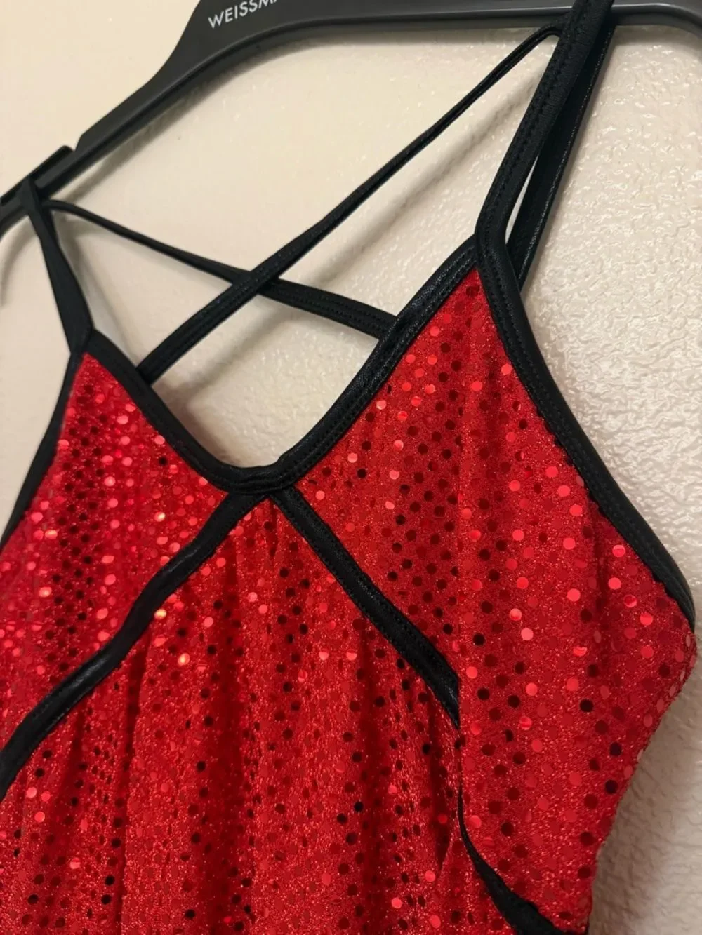 Curtain Call Dance Costume E2574 red leotard slip dress sequin vintage MA adult